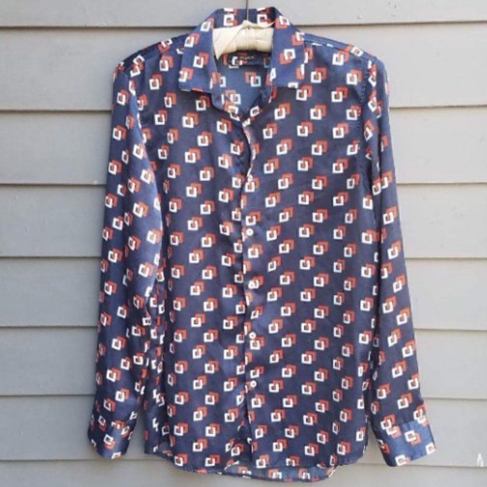 Zara Red White Blue Button Down Long Sleeve Blouse see measurements